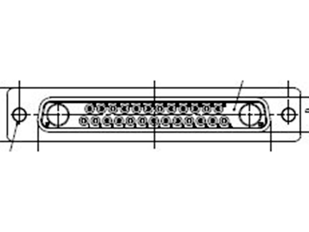 Afbeelding van een technisch diagram van een 25-polige D-Sub-connector die de indeling van de pinnen en bevestigingsschroeven weergeeft.