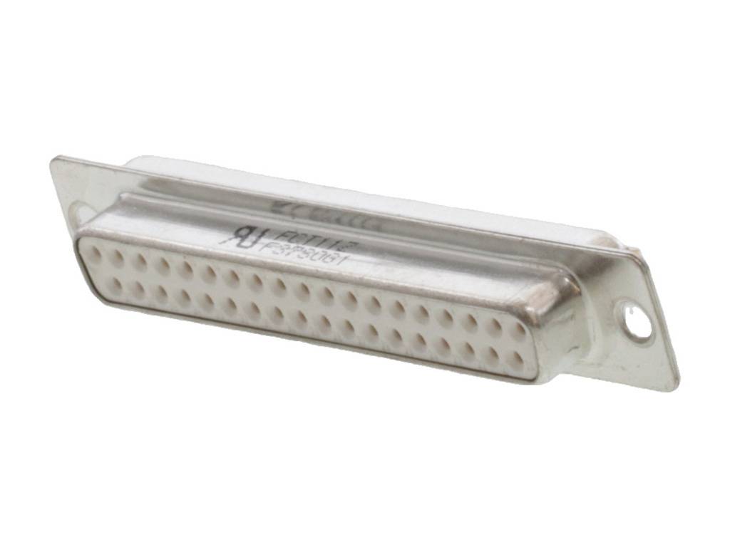 Een 25-polige D-Sub-stekker in zilver, veelal gebruikt voor computer- en telecommunicatieverbindingen.