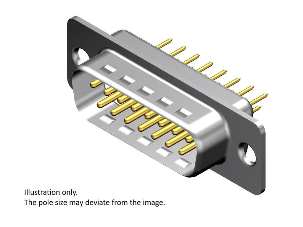 Een 25-polige D-Sub-stekker met gouden pinnen en een zilveren metalen behuizing. Opmerking: Afbeelding dient uitsluitend ter illustratie.