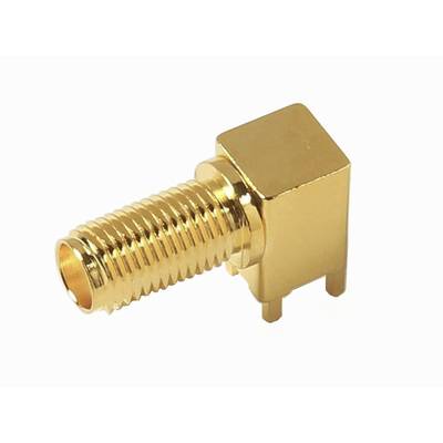Een gouden, rechthoekige stekker met schroefdraad voor elektronische apparaten. Ideaal voor nauwe of specifieke montageruimtes.