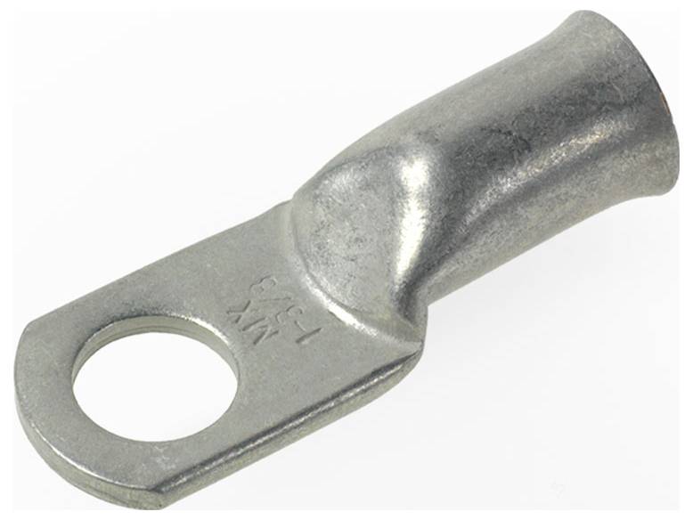 Een metalen kabeloog met een rond gat aan het vlakke uiteinde voor boutbevestiging, gebruikt voor het veilig verbinden van elektrische kabels.