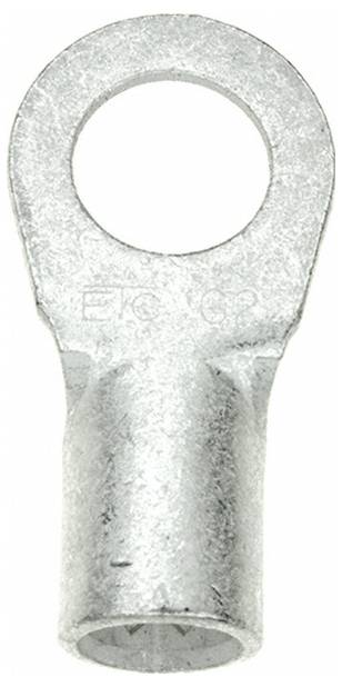 Een close-up van een zilveren metalen ringatuitzicht voor elektrische bedrading, met een holle cilindrische uiteinde en een platte ronde bovenkant met een gat.