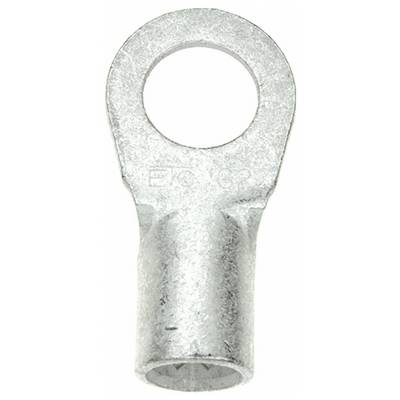 Een close-up van een zilveren metalen ringatuitzicht voor elektrische bedrading, met een holle cilindrische uiteinde en een platte ronde bovenkant met een gat.