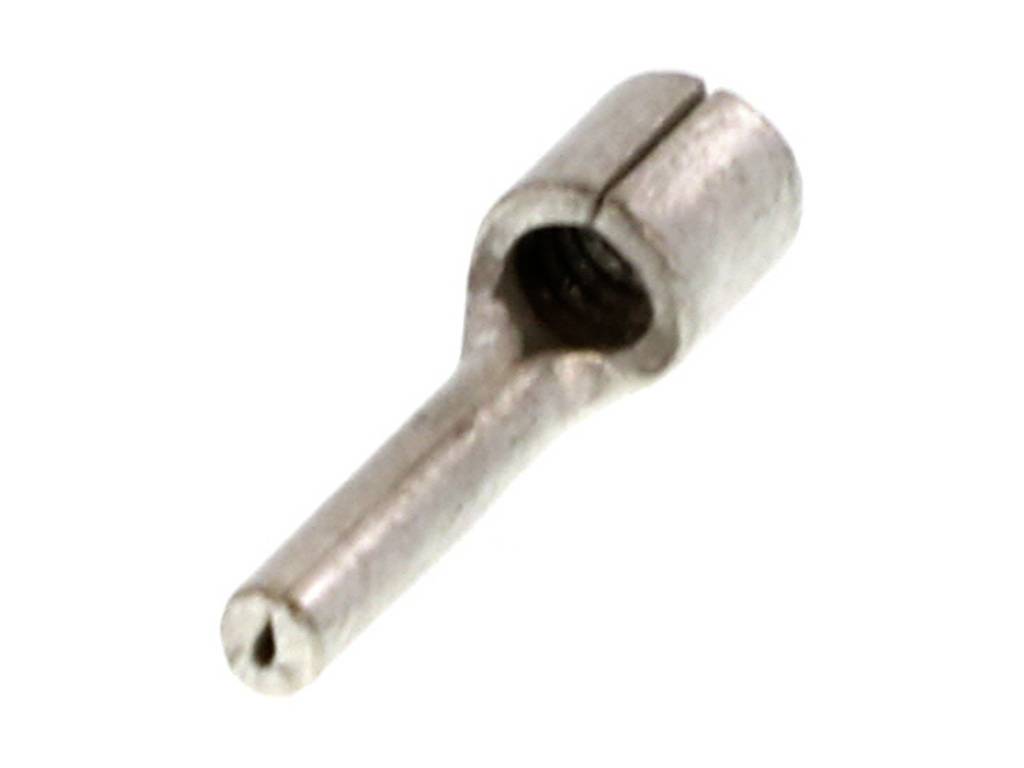 Metalen stiftcontact, cilindrische vorm, zilverkleurig, met verdiepte opening voor elektrische verbindingen.
