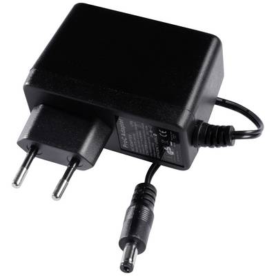 Zwart stopcontact-voedingsadapter met Europese stekker en gelijkstroomuitgangskabel, geschikt voor elektronische apparaten.