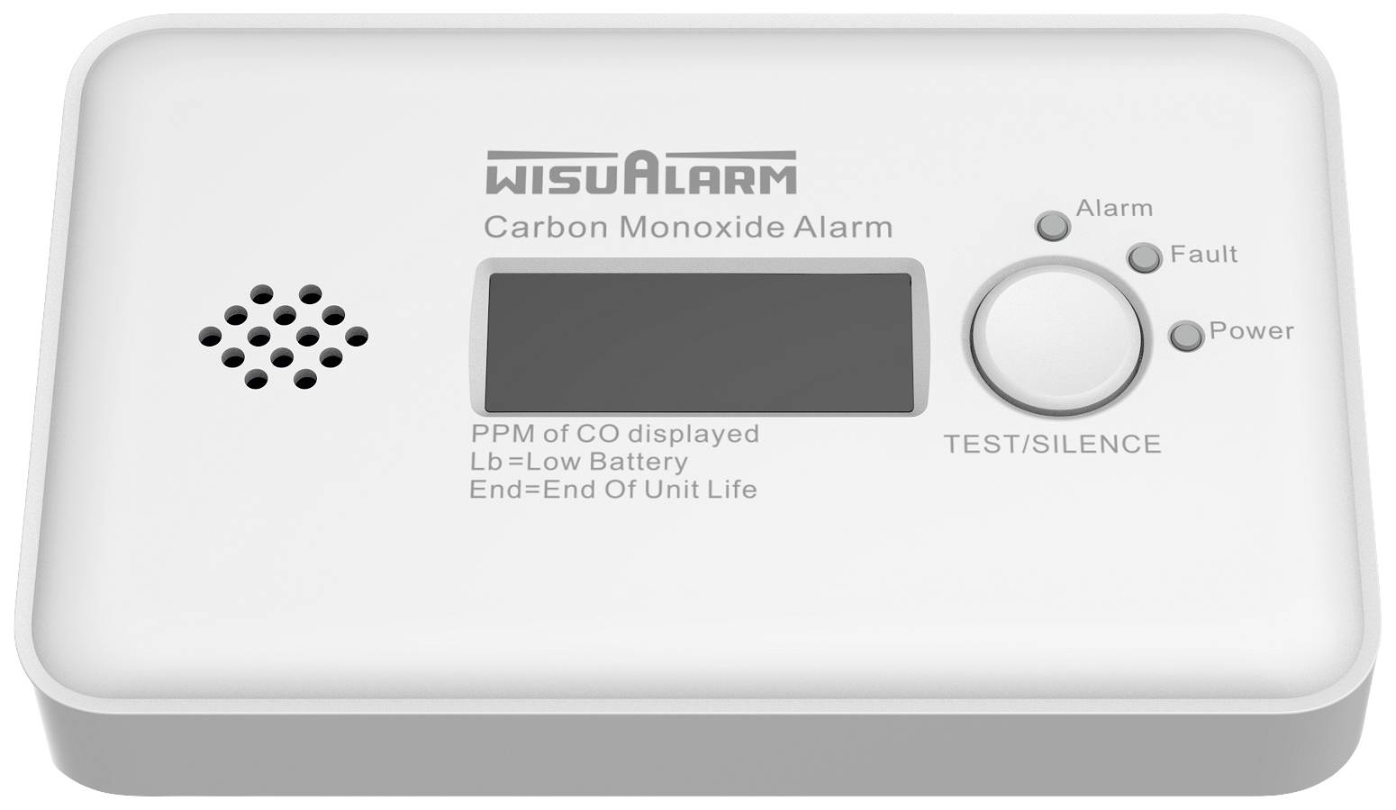 Een koolmonoxidemelder met display en knop. Opschrift 'Koolmonoxide Alarm', toont onderdelen zoals 'Alarm', 'Storing', 'Voeding'.