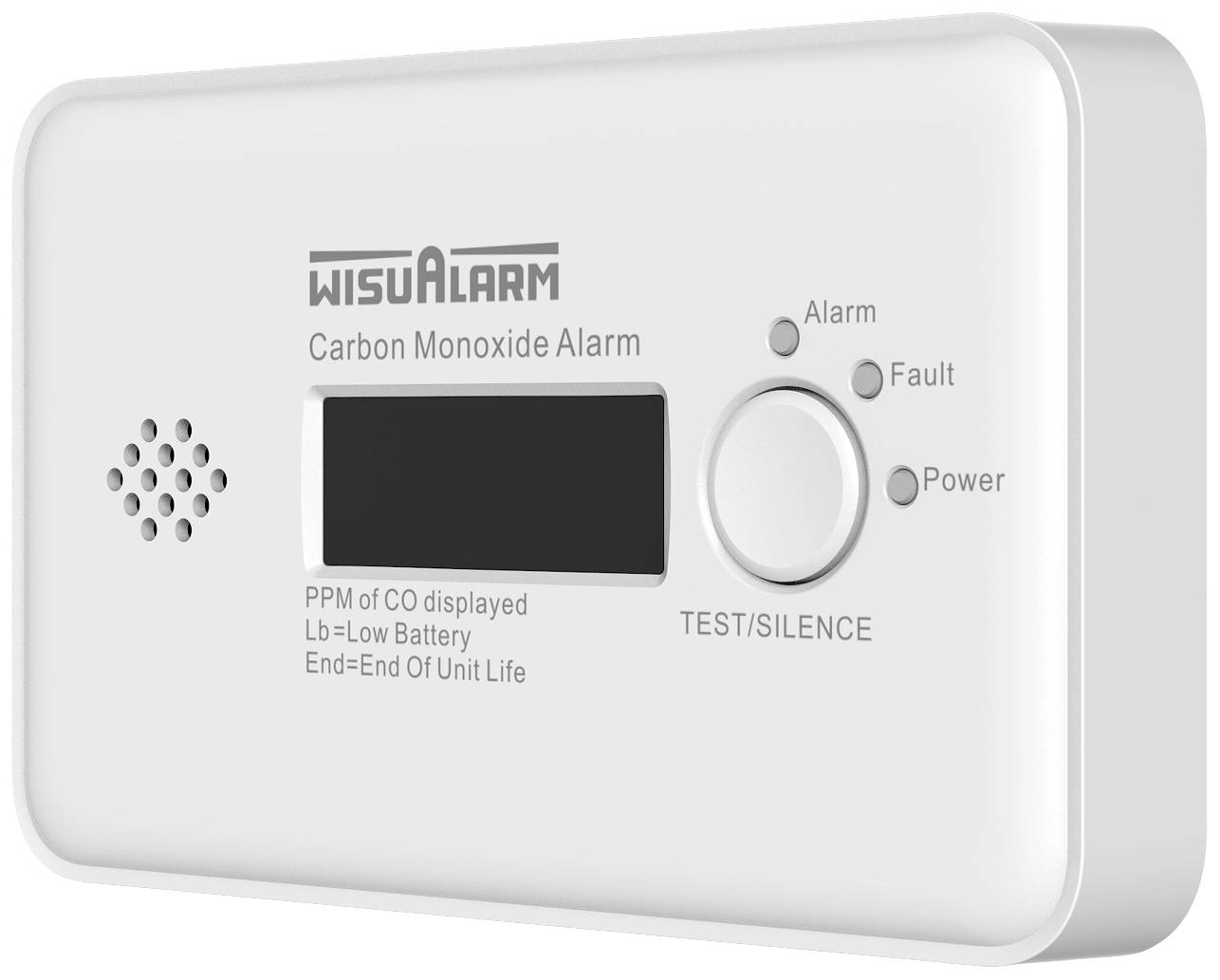 Batterijgevoede koolmonoxidmelder met LCD-display, alarmrichting en test-/stille-knop. Toont PPM van CO.