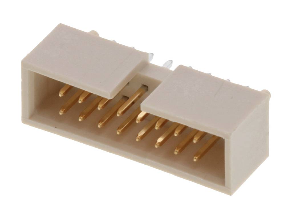 Connector met meerdere gouden pinnen in een rechthoekige behuizing, gebruikt voor elektronische aansluitingen.