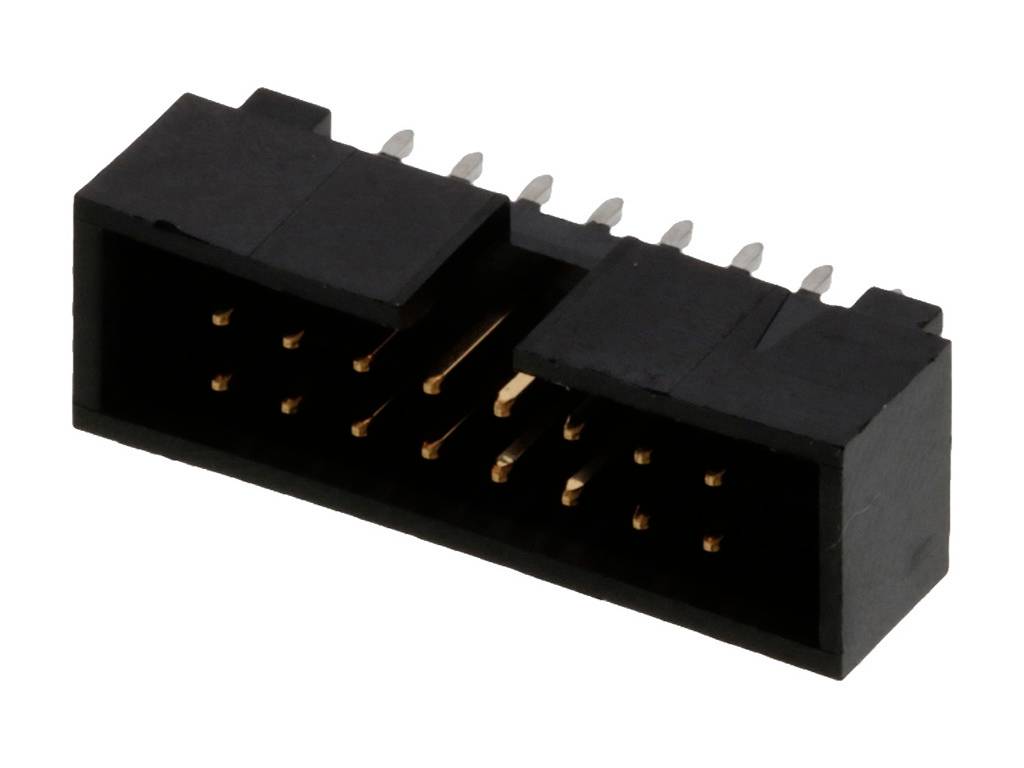 Een zwarte elektrische connector met twee rijen metalen pinnen, gebruikt voor elektronische verbindingen.