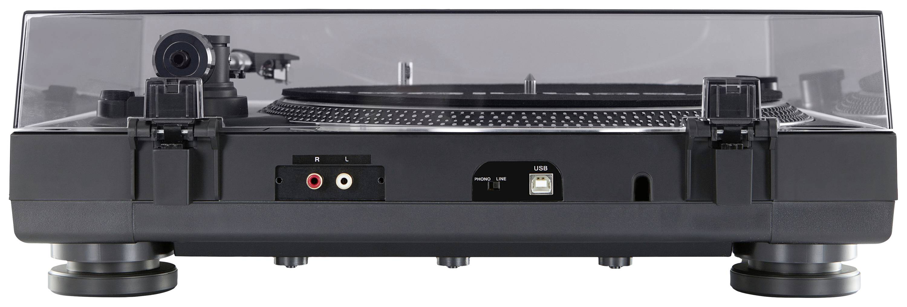 Platenspeler met transparante afdekking, toont de aansluitingen aan de achterkant: RCA, USB en stroomaansluiting.
