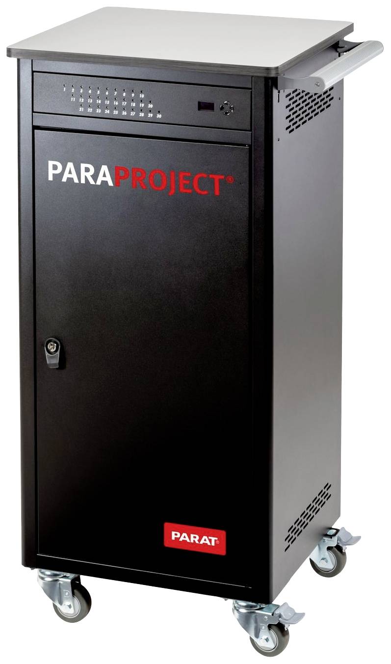 Zwarte mobiele kast op wielen, met 'PARAPROJECT' op de voorkant, afgesloten deur, geschikt voor de veilige opslag van apparaten.