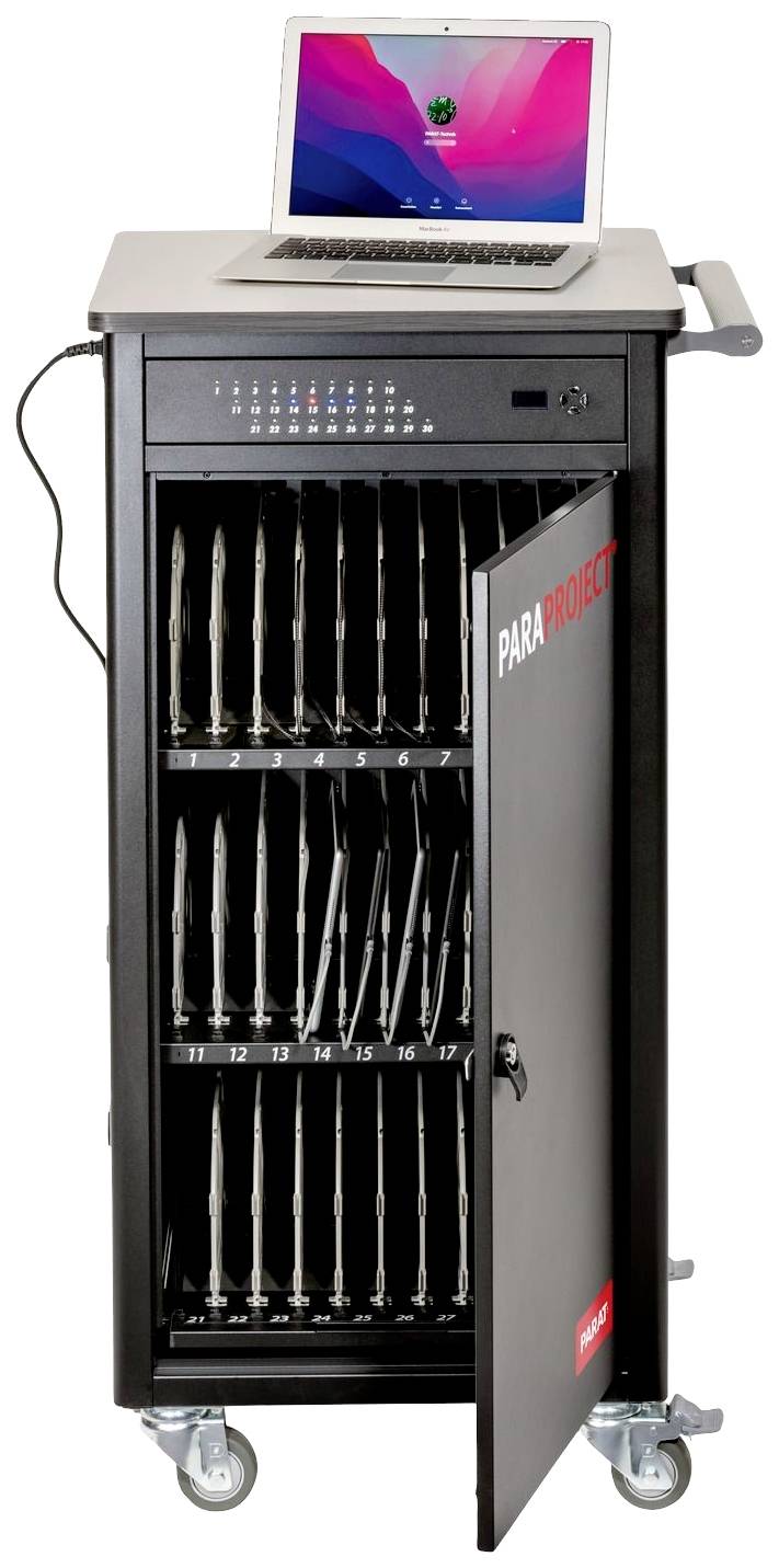 Een mobiele laadkast met open deuren toont 16 laptops, waarbij op de bovenste plank een geopende laptop staat. Ideaal voor het opladen en opbergen van apparaten.