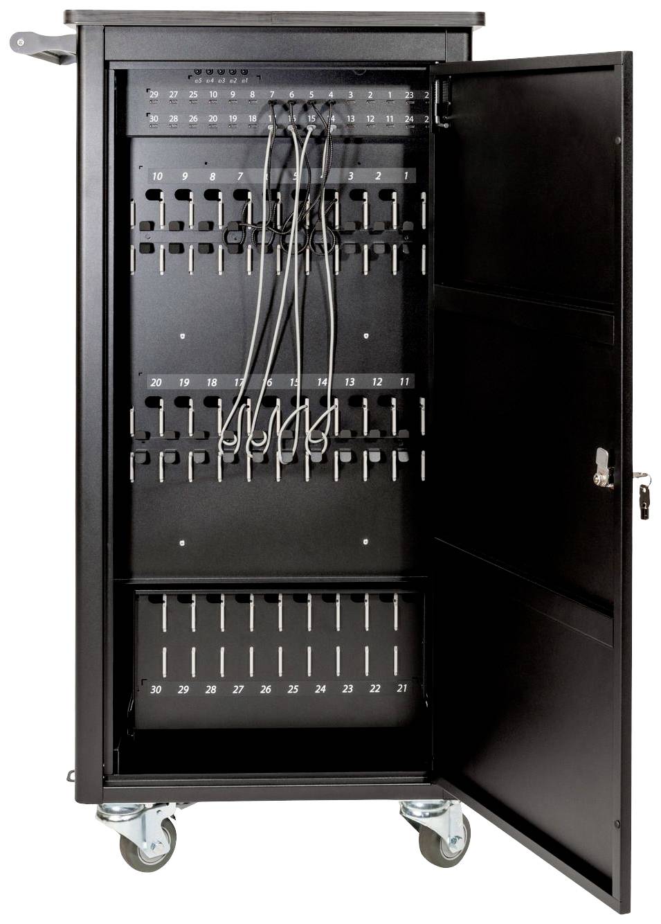 Zwarte opslagkast met geopende deur, uitgerust met kabels en 30 genummerde opbergvakken voor elektronische apparaten.