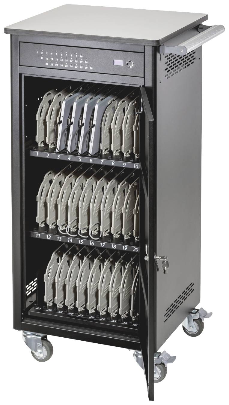 'Zwarte laadkast op wielen, geopend, toont meerdere tablets in gestapelde vakken. Elk vak is genummerd om de organisatie te vergemakkelijken.'