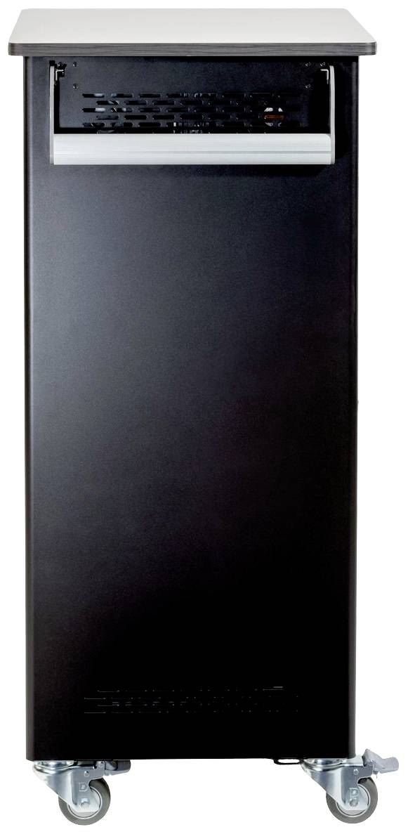 Zwarte smalle kast op wielen met bedieningselementen aan de bovenkant, geschikt voor kantoren of technische ruimten.