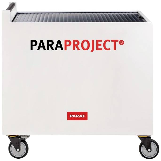 Mobiele witte apparatenkar op wielen, met opschrift 'PARAPROJECT®'.