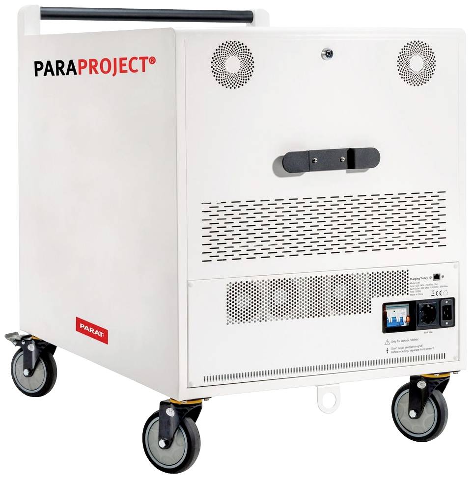 Een mobiele, witte elektronische kast op wielen, merknaam 'PARAPROJECT', beschikt over ventilatiesleuven en verschillende aansluitingen aan de achterkant.