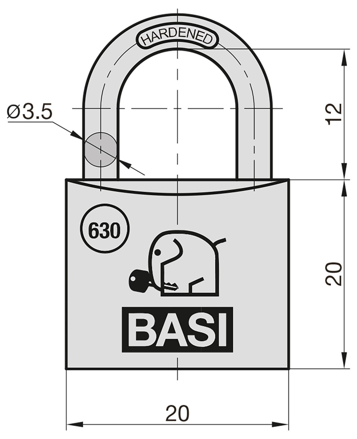 Technische tekening van een BASI verhard hangslot, met een breedte van 20 mm, lichaamshoogte van 20 mm, schakelhoogte van 12 mm en schakelmiddellijn van 3,5 mm.