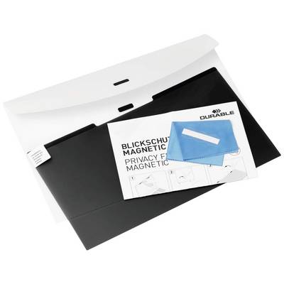 Een privacyfilter-set van Durable met zwart filter, installatiehandleiding en reinigingsdoekje in een transparante verpakking.