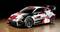 Een wit-rood rallyevoertuig met sponsorlogo's en opvallende aerodynamische elementen staat zijdelings op bruine grond voor een zwarte achtergrond.