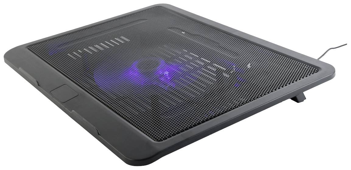 Een zwarte laptopkoeler met geïntegreerde ventilator en blauwe LED-verlichting die zichtbaar is door het rooster.