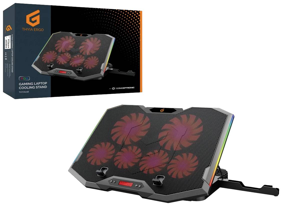 Koelstandaard voor laptops met LED-verlichting en vijf ventilatoren, verpakking op de achtergrond.