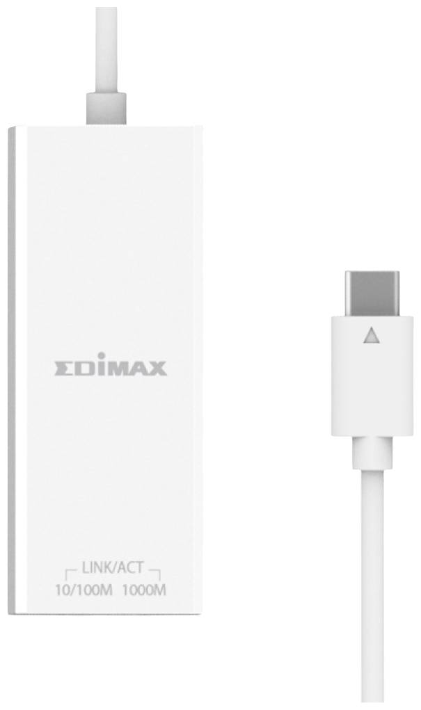 Witte Edimax USB-C naar Ethernet-adapter met aansluitingen, geschikt voor 10/100M en 1000M netwerken.