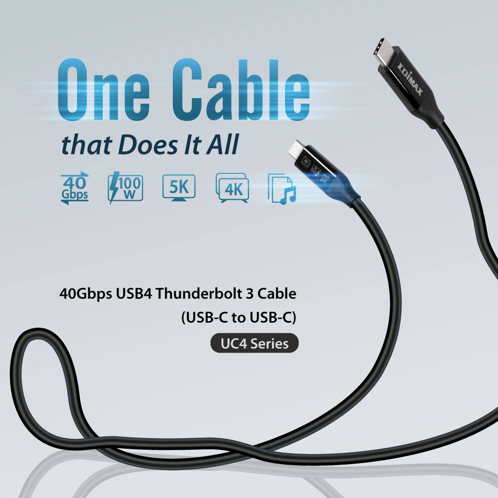 'Een kabel die alles kan' en '40Gbps USB4 Thunderbolt 3 kabel (USB-C naar USB-C)' staat op de afbeelding. Het toont een USB-C-kabel.