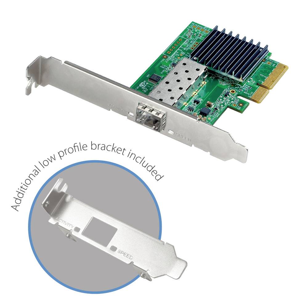 Netwerkkaart met groen PCB en koellichaam, PCIe-aansluiting. Inclusief extra low-profile beugel.