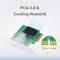 'PCIe 3.0 & Koellichaam': Afbeelding toont een PCIe 3.0-kaart met een koellichaam dat de warmteafvoer verbetert. Weergave van PCIe 3.0 x4-interface.