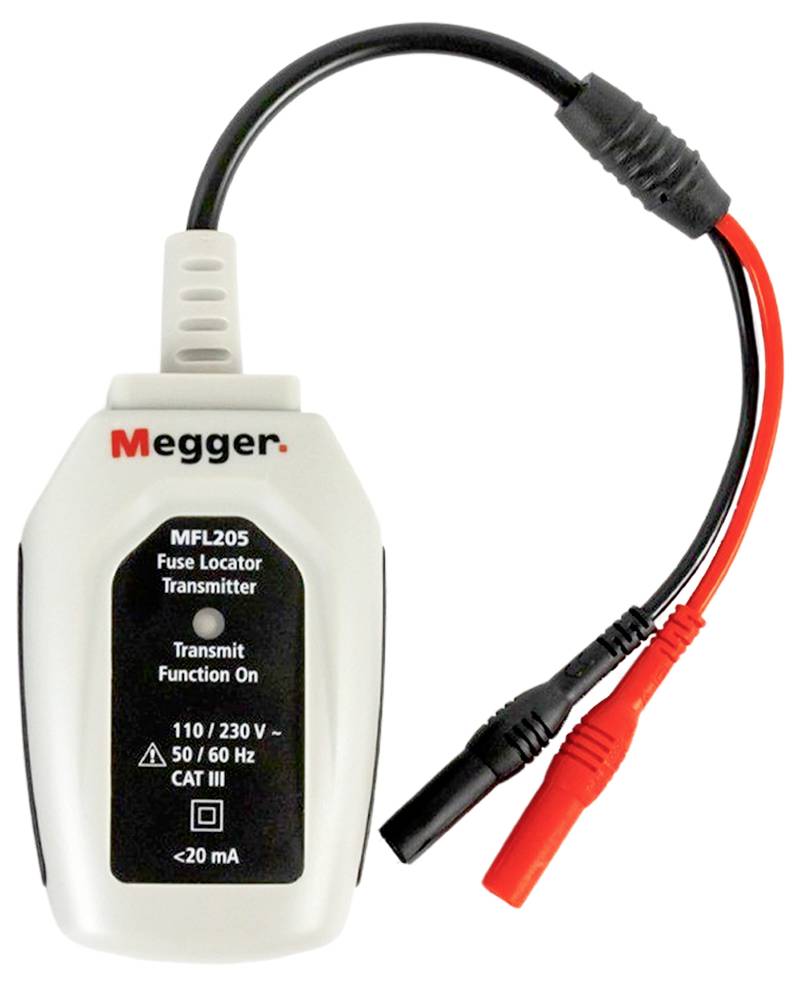 Elektrische meetapparatuur van Megger, model MFL205, voor het lokaliseren van zekeringen. Zwarte en rode kabels zijn aangesloten.