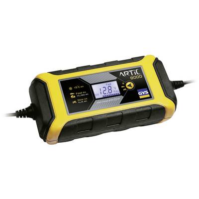 'GYS Artic 8000 Batterijlader, toont 12.8V. Geel-zwart, geschikt voor 6-200 Ah batterijen, snel- en langzaam laden.'