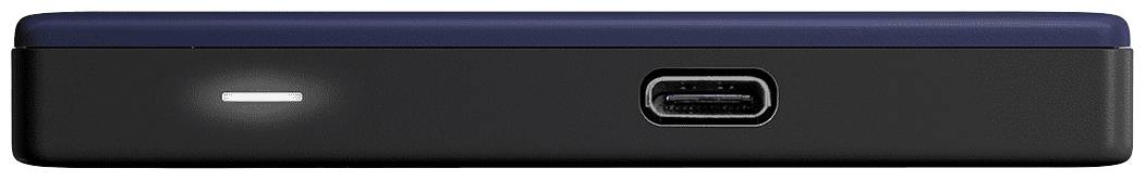 Externe harde schijf in zijaanzicht, met een USB-C-aansluiting en een LED-indicatie, toont aansluitopties.