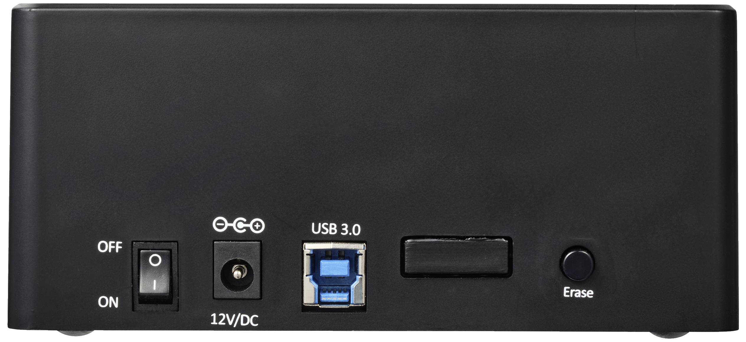 Achteraanzicht van een apparaat met schakelaars en aansluitingen: Aan/Uit-schakelaar, 12V-gelijkstroomverbinding, USB 3.0-poort, Wis-toets.