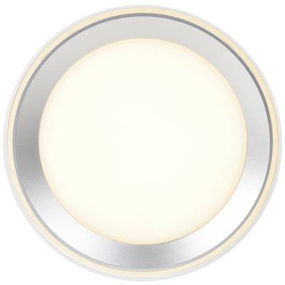 Ronde LED-plafondlamp met zilveren rand die warmwit licht uitstraalt. Geschikt voor gelijkmatige ruimteverlichting.