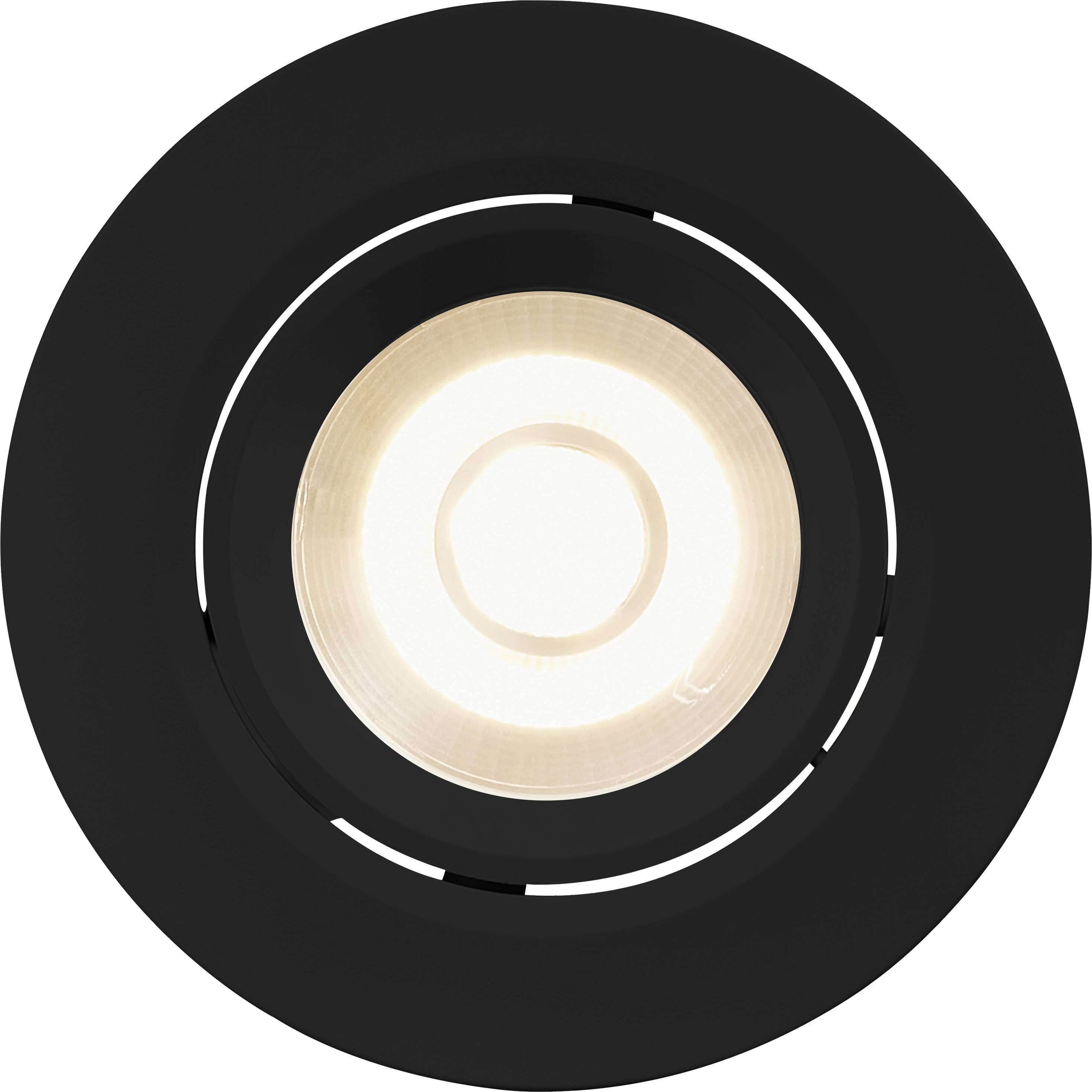 Ronde, zwarte LED-plafondlamp die naar beneden schijnt. Hij heeft een centraal, helder lichtcirkel met een fijne, concentrische structuur.