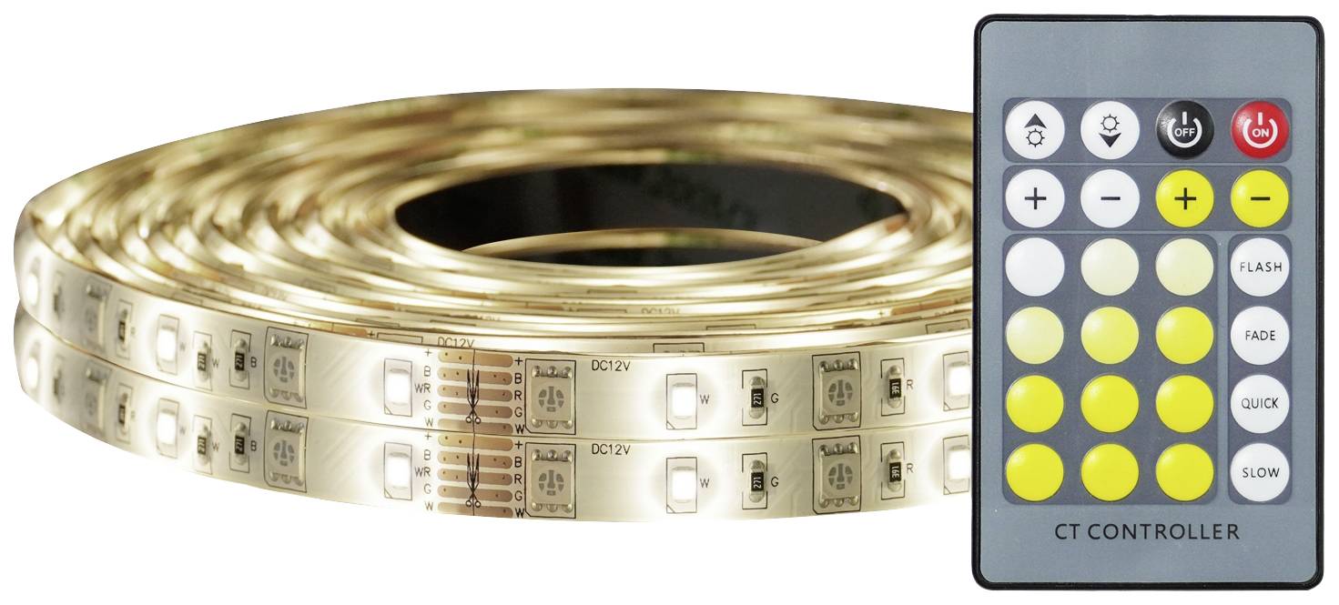 LED-lichtstrip met afstandsbediening. De strip is opgerold, de afstandsbediening toont knoppen voor verschillende lichteffecten.