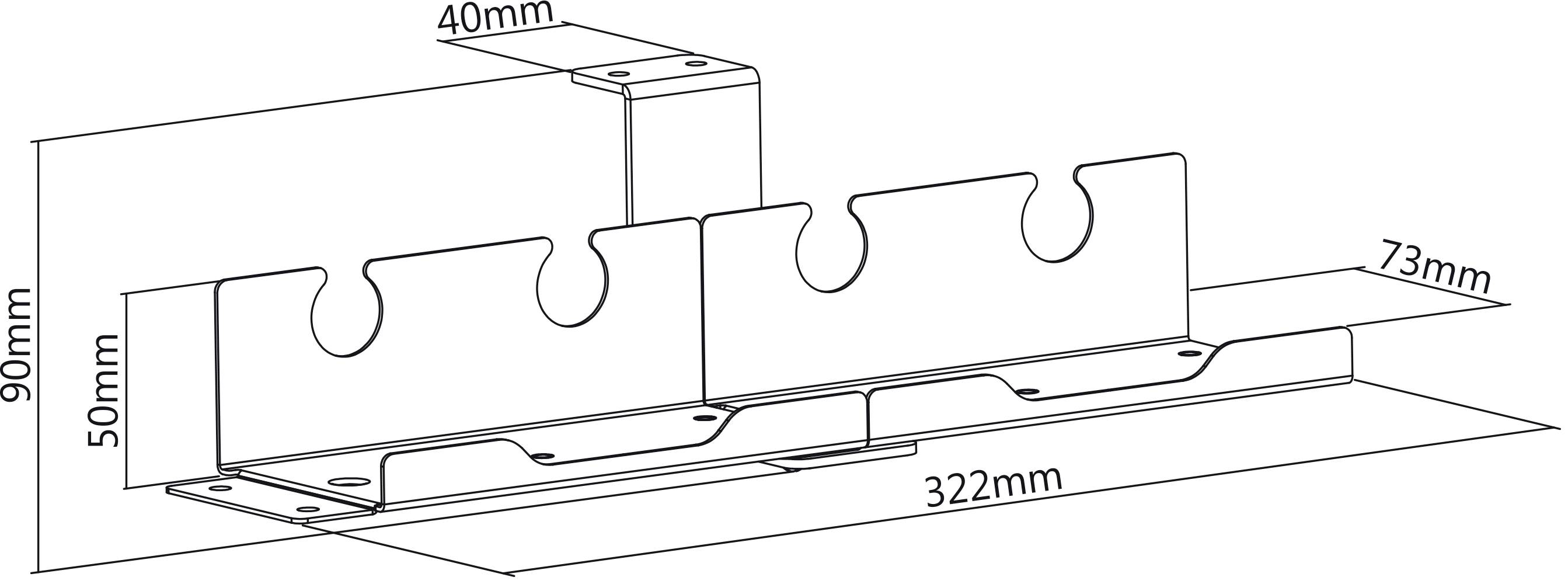 Technische tekening van een metalen houder met afmetingen: 322 mm lengte, 90 mm hoogte, 73 mm breedte. Toont sleuven voor kabels en bevestigingsgaten.