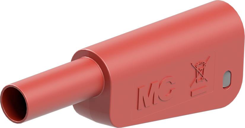 Een rode kunststofadapter met de opdruk 'MC' en een doorgestreept vuilnisemmersymbool, aanwijzing dat deze niet bij het huisvuil mag worden weggegooid.