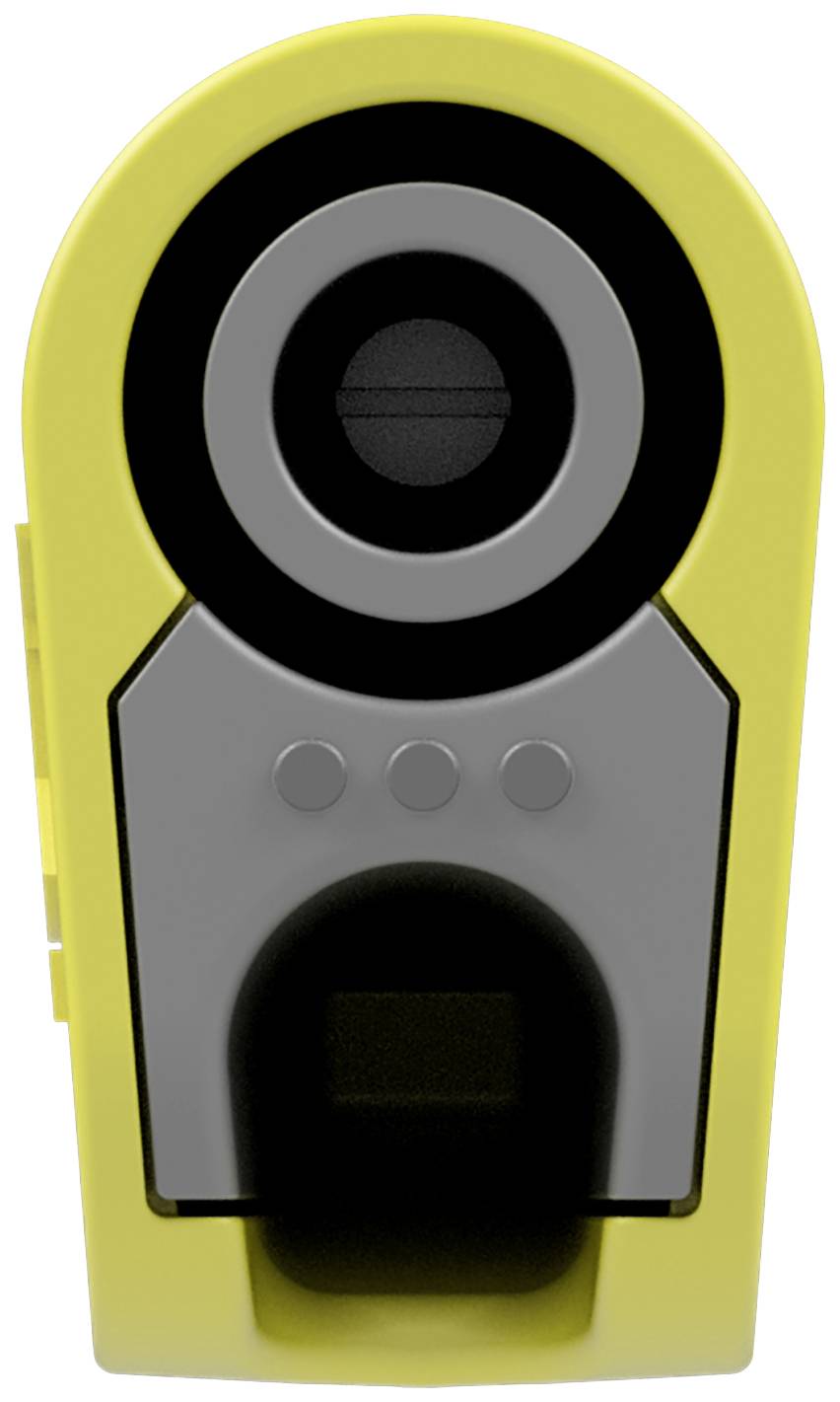 Een geel, rond voorwerp met een zwart en grijs cirkelvormig detail in het midden, waarschijnlijk van technische aard.