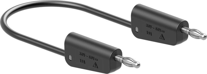 Een zwarte kabel met twee identieke stekkers aan de uiteinden. Het is geschikt voor spanningen van 200V tot 500V en 10A en heeft een waarschuwingssymbool.