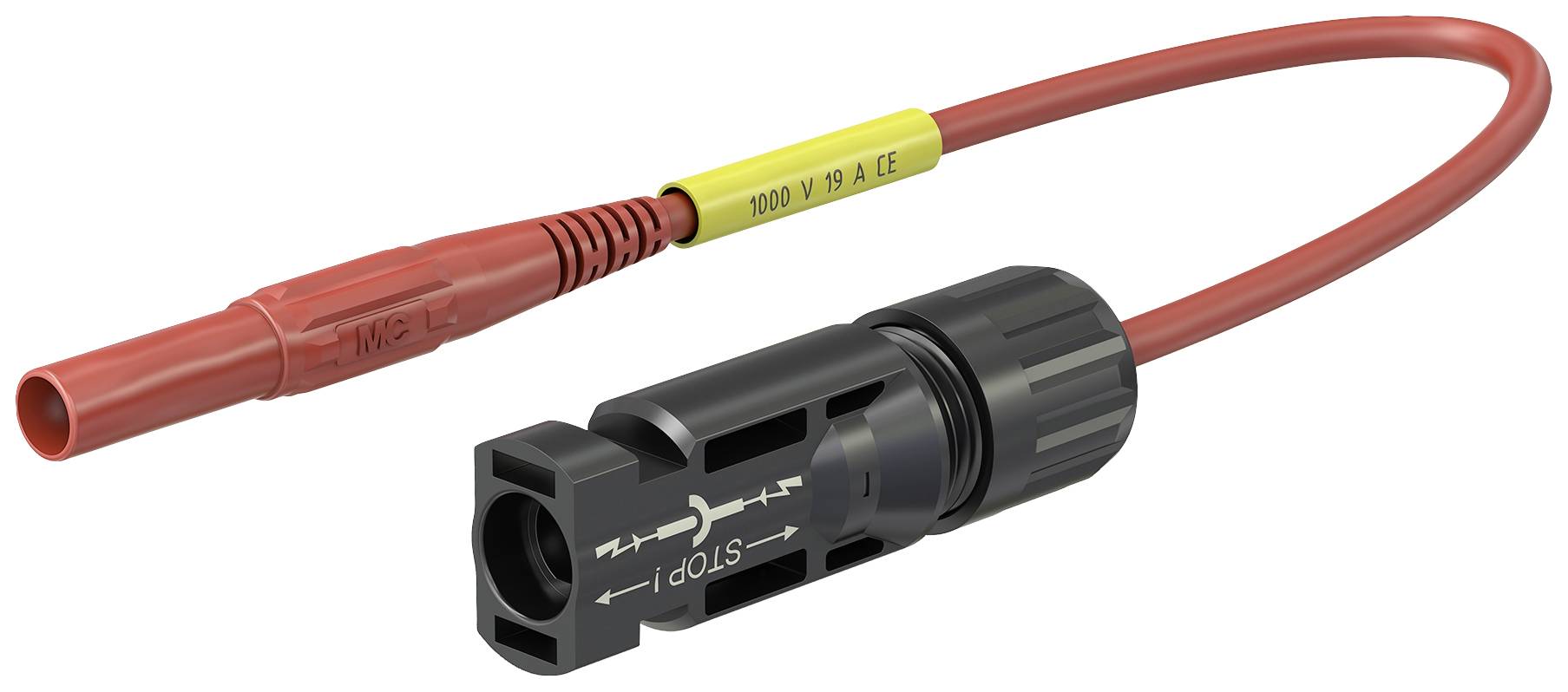 Een rood, flexibel kabel met een zwarte adapter en stekker. De adapter is gemarkeerd met 'STOP'. Geschikt voor 1000 V, 30 A gelijkstroom.