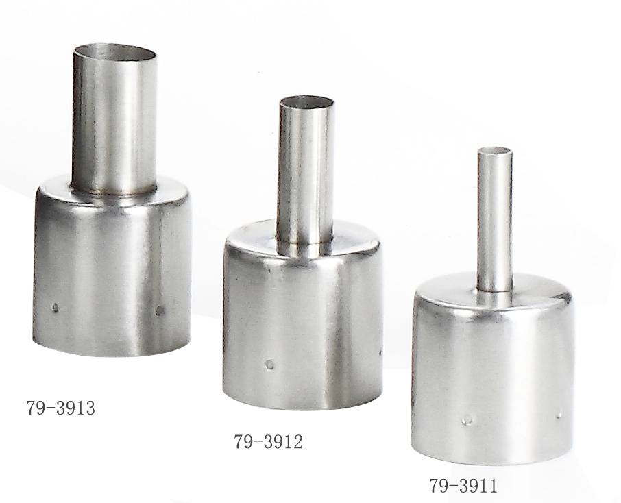 Drie metalen spuitstukken met verschillende diameters, van links naar rechts gemarkeerd met de nummers 79-3913, 79-3912 en 79-3911.