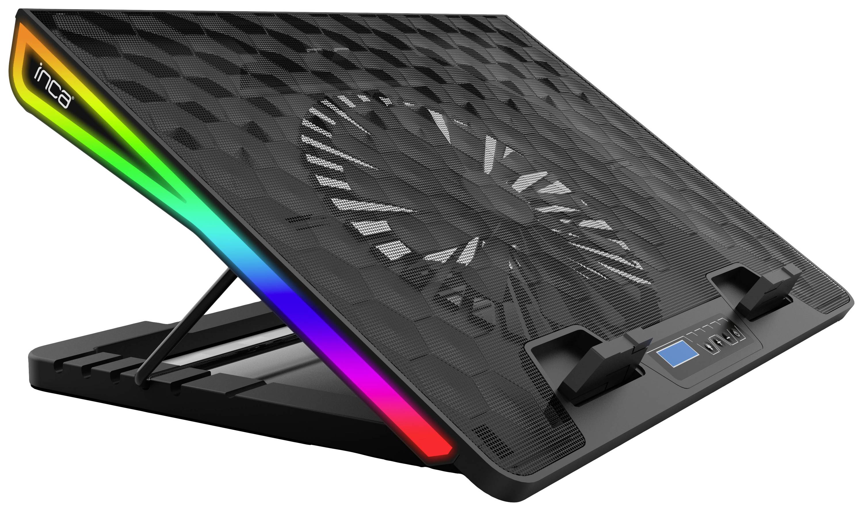 Een zwarte laptopkoeler met een grote, verlichte ventilator. Biedt verstelbare hoeken ter verbetering van de koelcapaciteit.