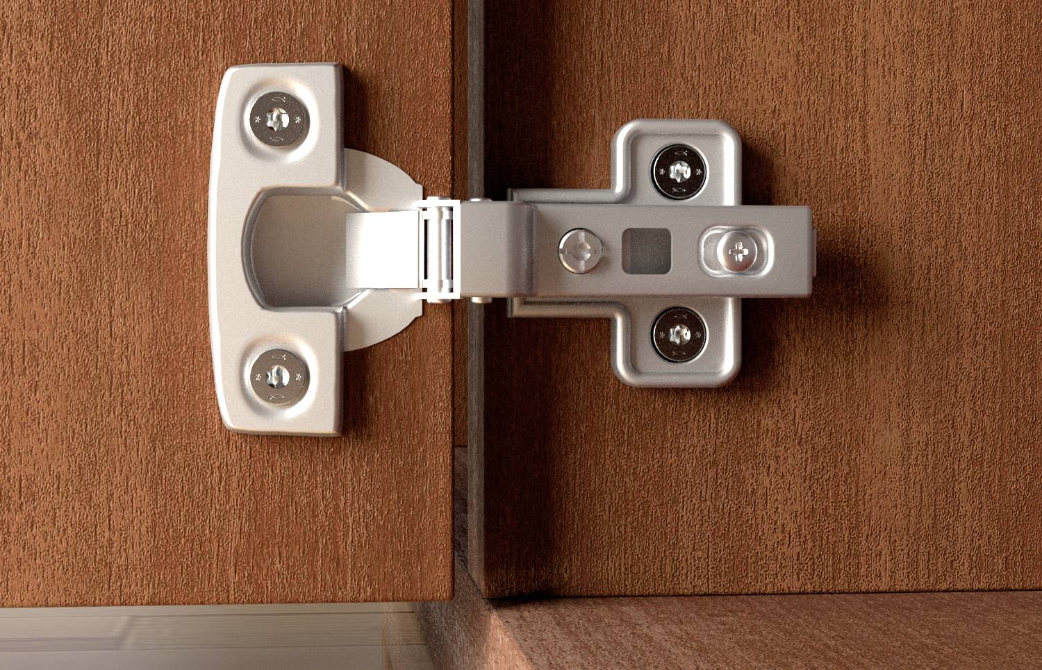 Een metalen scharnier verbindt twee houten onderdelen en maakt beweging mogelijk, gemonteerd aan een kast.