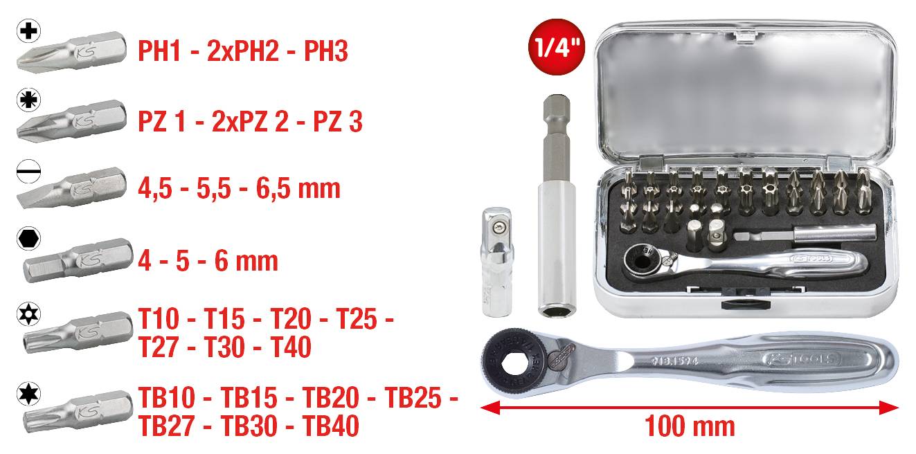 Bitset met verschillende bitgroottes en een zilveren ratelsleutel; inclusief adapter en opbergdoos.