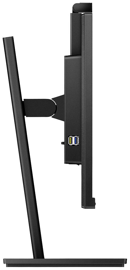 Zijaanzicht van een slanke, zwarte computermonitor op een standaard. Het scherm heeft USB-poorten.