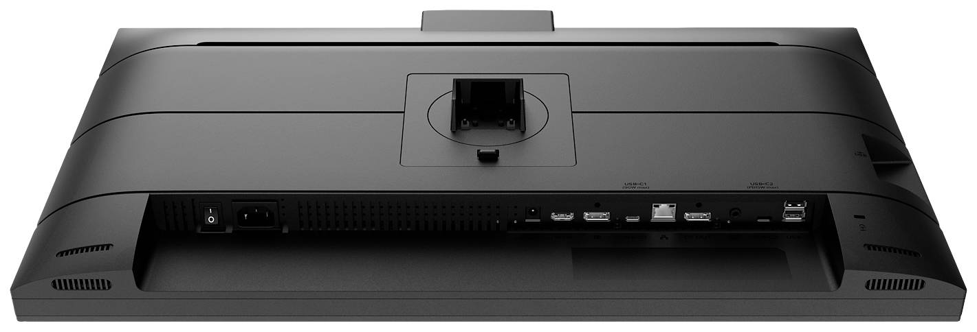 Achterkant van een computermonitor met verschillende aansluitingen en kantelstandaard.