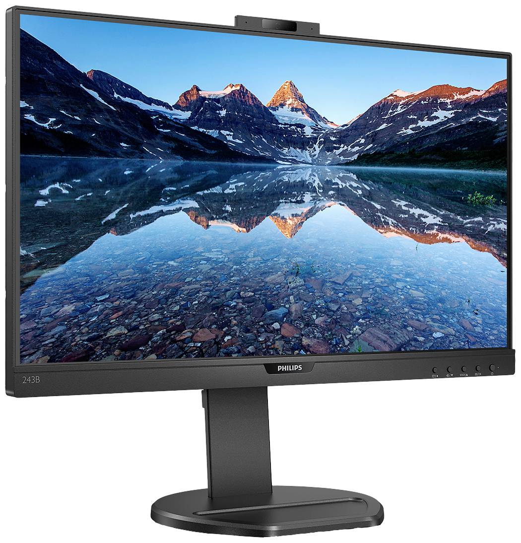 Flatscreen met landschapsmotief: meer weerspiegelt met sneeuw bedekte bergen bij zonsopgang. Moderne, zwart omlijste monitor.