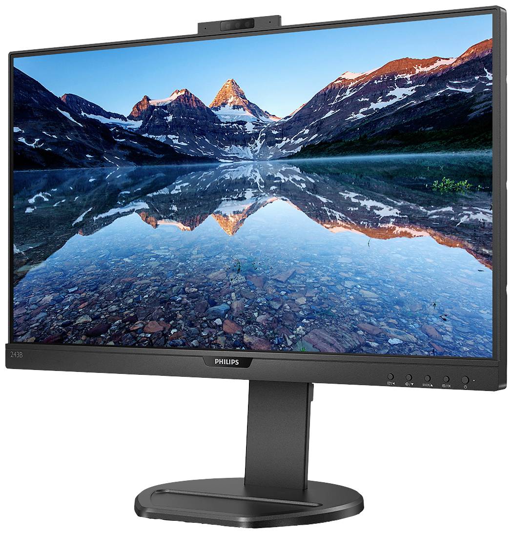 Een Philips-monitor toont een beeld van bergen die zich weerspiegelen in een heldere meer, onder een blauwe lucht met wolken.